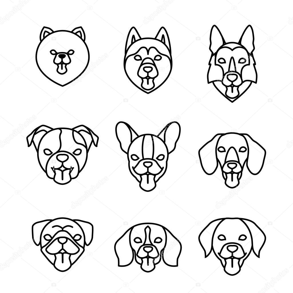 Dogs breeds linear icon set. Pomeranian spitz, Pug, Husky, Dachshund, Beagle, German Shepherd, Labrador, French, English bulldog. Isolated vector outline dog heads with tongues on white