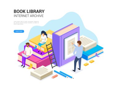 Kitap kütüphane izometrik. Internet archive kavramı ve web afiş için dijital öğrenme. E kütüphane vektör çizim.