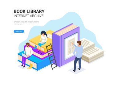 Kitap kütüphane izometrik. Internet archive kavramı ve web afiş için dijital öğrenme. E kütüphane vektör çizim.