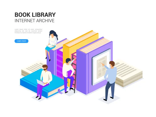 Kitap kütüphane izometrik. Internet archive kavramı ve web afiş için dijital öğrenme. E kütüphane vektör çizim. — Stok Vektör