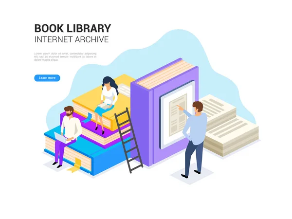 Biblioteca de livros isométrica. Conceito de arquivo de Internet e aprendizagem digital para banner web. E ilustração vetorial da biblioteca . — Vetor de Stock