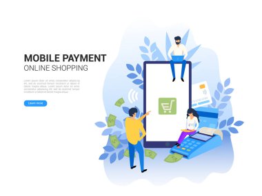 Online ve Mobil ödemeler kavramı. POS terminal ödeme doğruladı. Online Bankacılık ve alışveriş web sayfası, sosyal medya, belgeler için posterler illüstrasyon vektör