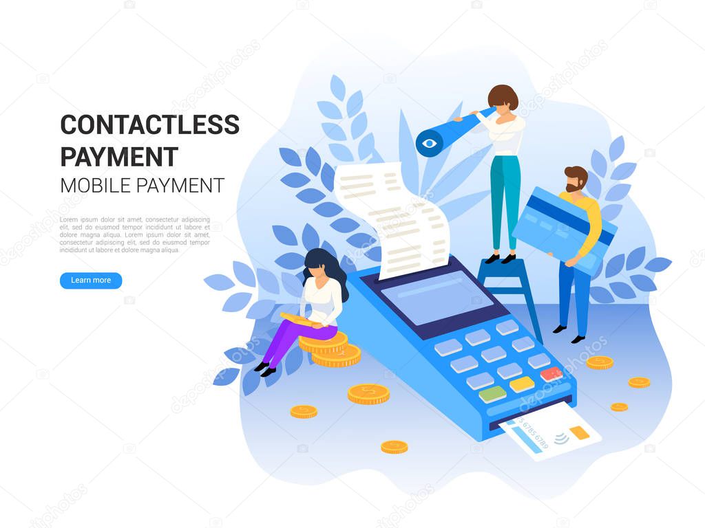 Online and mobile payments concept. Pos terminal confirms payment. Online banking for web page, social media, documents, posters vector illustration on white