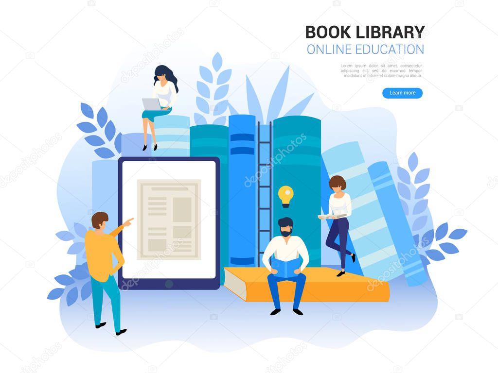 Online education concept. Web archive and e-learning tutorials for social media. Distance education and internet studying. Online training, digital book library vector illustration