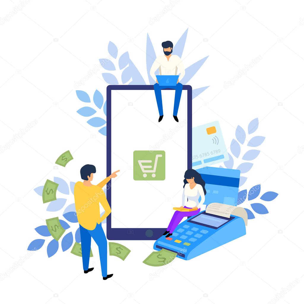 Online and mobile payments concept. Pos terminal confirms payment. Online banking and shopping for web page, social media, documents, posters vector illustration