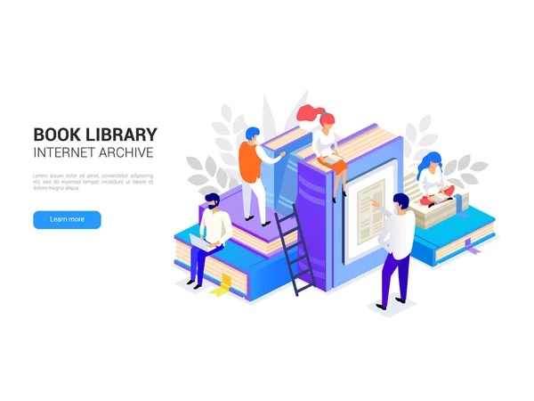 Biblioteca de livros isométrica. Conceito de arquivo de Internet e aprendizagem digital para banner web. Pessoas a ler. Ilustração do vector da biblioteca electrónica — Vetor de Stock