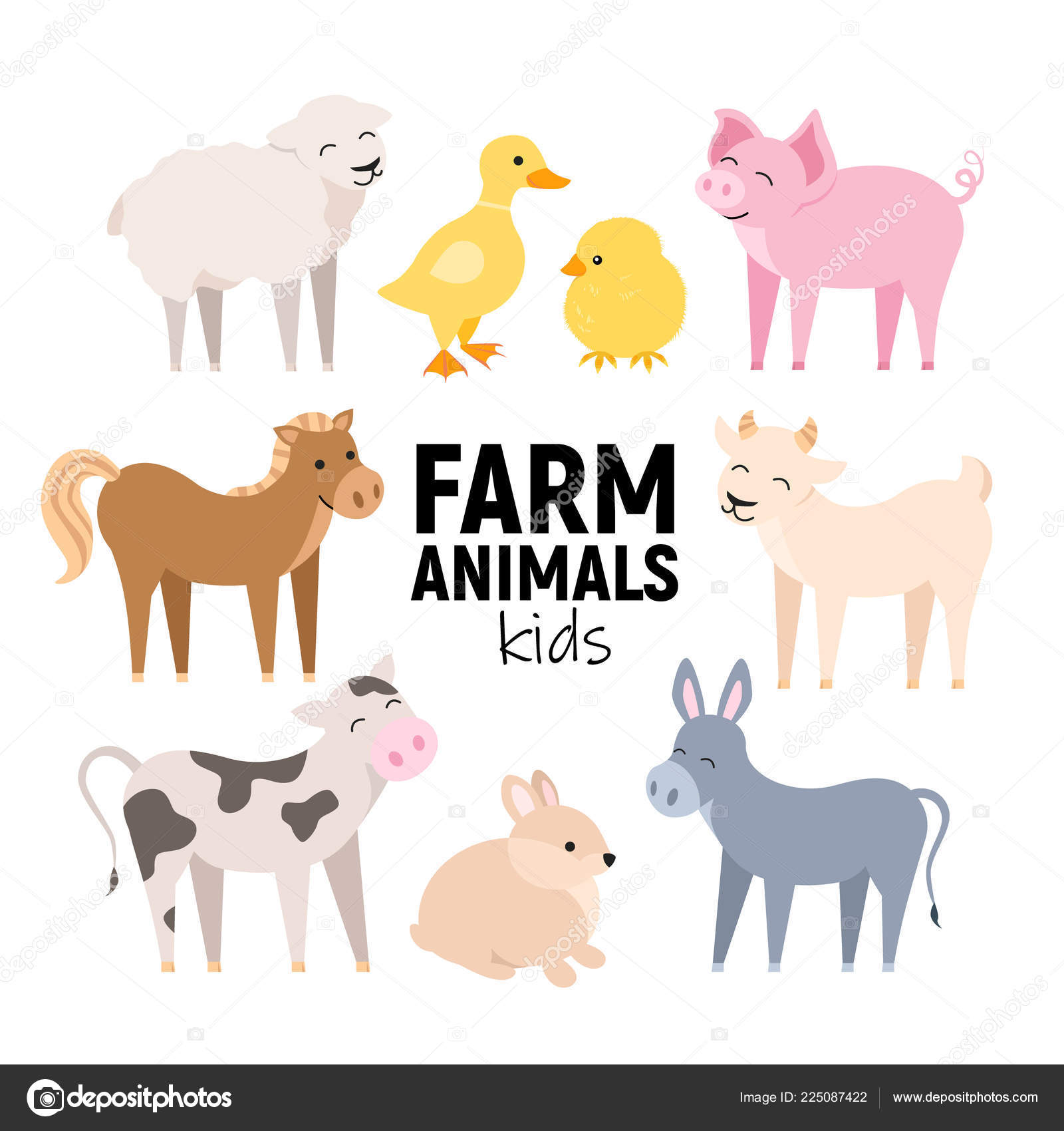 Cute farm animals cow, pig, lamb, donkey, bunny, chick, horse, goat, duck isolated. Domestic animals kid set vector illustration Stock Vector Image by ©vafolomeija #225087422 Cute farm animals cow, pig, lamb, donkey, bunny, chick, horse, goat, duck isolated. Domestic animals kid set vector illustration Stock Vector Image by ©vafolomeija #225087422
