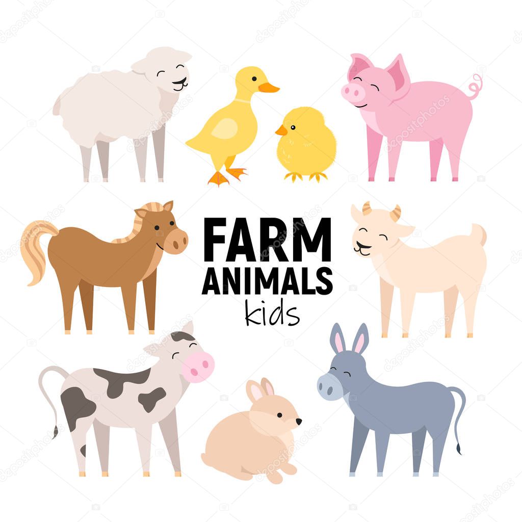 Cute farm animals cow, pig, lamb, donkey, bunny, chick, horse, goat, duck isolated. Domestic animals kid set vector illustration