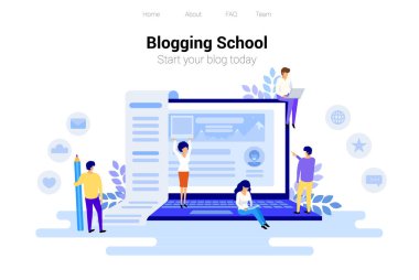 Bloglama ve copywriting kavramı. İçerik yönetimi için web sayfası, afiş, tanıtım, sosyal medya, posterler. Eğitim, Haberler, seminerler, Rehberler vektör çizim