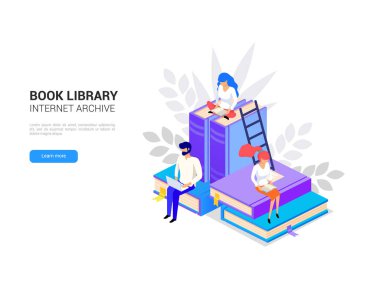 İzometrik Kütüphane kavramı. Web arşivi ve e-öğrenme eğitim sosyal medya afiş için. Online eğitim ve internet eğitimi. Dijital kitap 3d vektör çizim