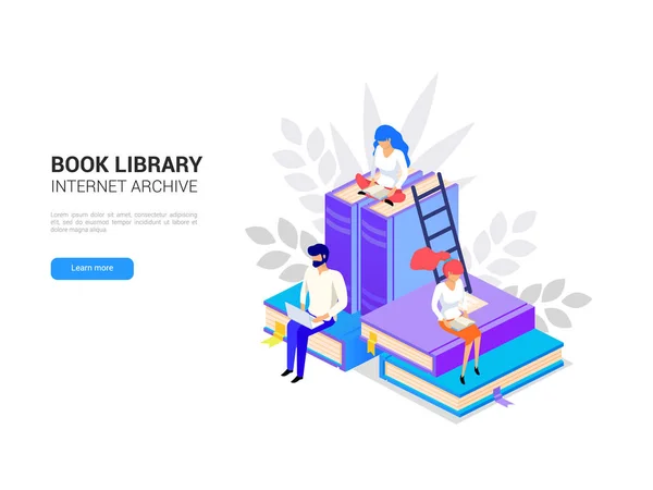 Conceito de biblioteca isométrica. Arquivo Web e tutoriais de e-learning para banner de mídia social. Educação online e internet estudando. Livro digital ilustração vetorial 3d — Vetor de Stock