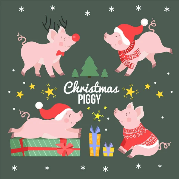 Милий Різдвяний Набір Свиней Векторні Ілюстрації Святом Колекція Свиней Ізольована — стоковий вектор