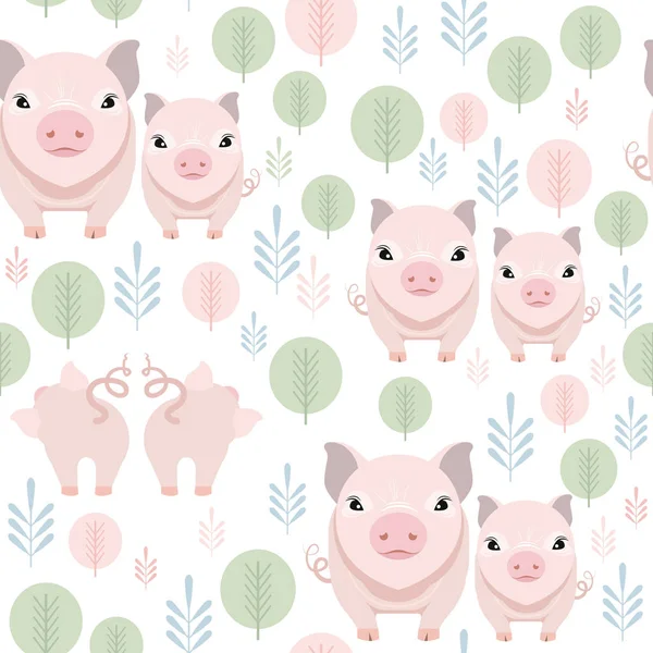 Niedlichen Schwein Nahtlose Muster Auf Weißem Hintergrund Glückliche Schweinchen Vektor — Stockvektor