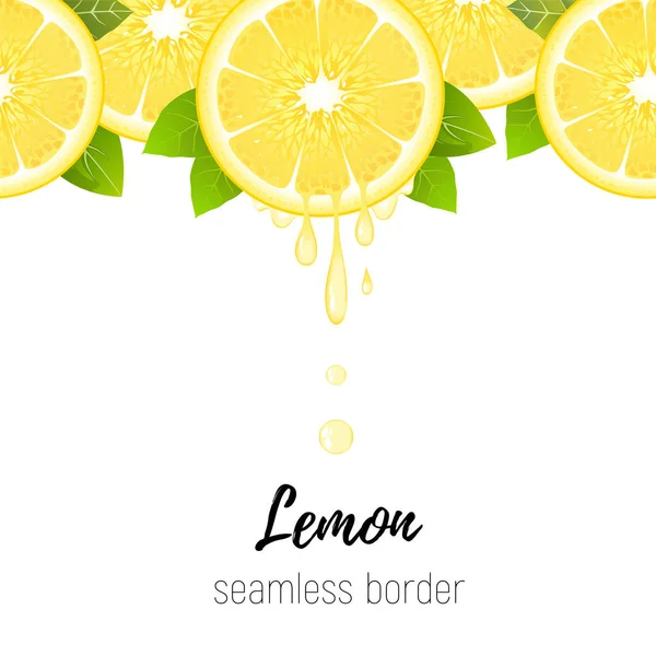 Tranche de citron réaliste bordure sans couture isolé sur blanc. Agrumes frais avec des gouttes de jus illustration vectorielle — Image vectorielle