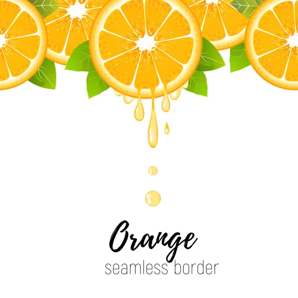 Realista rebanada de naranja borde sin costura aislado en blanco. Cítricos frescos con jugo gotas vector ilustración — Archivo Imágenes Vectoriales