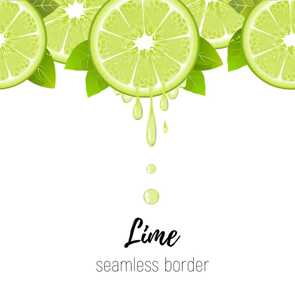 Tranche de citron vert réaliste bordure sans couture isolée sur blanc. Agrumes frais avec des gouttes de jus illustration vectorielle — Image vectorielle