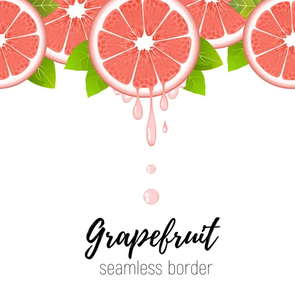 Realistic grapefruit slice seamless border isolated on white. Fresh citrus with juice drops vector illustration — Stock Vector