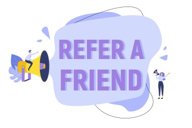 Megafon kelime vektör çizimde bağıran kişi ile bir arkadaşı metin kavramı arka plan bakın