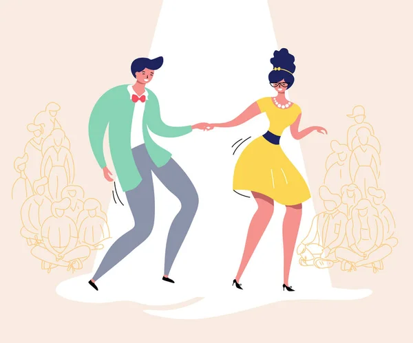 Casal de dança com público. Festa de dança Rockabilly. Dançarinos swing feliz com espectadores ilustração vetorial isolado —  Vetores de Stock