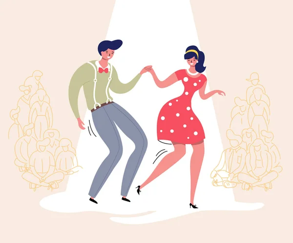 Dancing couple with audience. Rockabilly dance party. Happy swing dancers with viewers vector illustration isolated — Stock Vector