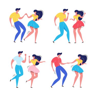 Çift dans ayarlayın. Tam bir rock tanrısı dans partisi. Mutlu swing dansçılar illüstrasyon izole vektör
