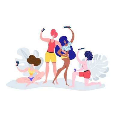 Arkadaşları ve çift poz, gülümseyen ve alma selfie kamera elinde tutan sosyal medya için. Dostluk gün gadget parti vektör çizim