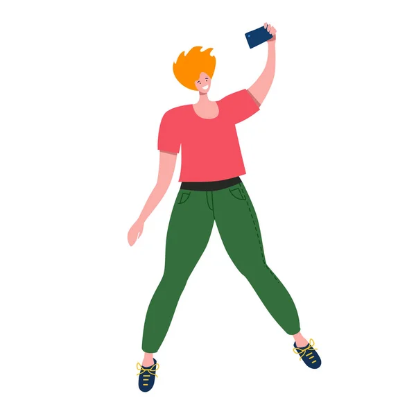 Saltar hombre, sonreír y tomar selfie para las redes sociales sosteniendo la cámara en la mano vector ilustración — Vector de stock