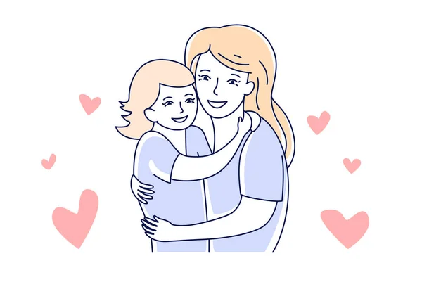 Mãe e filha. Amor pela maternidade. Mãe abraçando uma criança mão desenhada estilo vetor ilustração —  Vetores de Stock