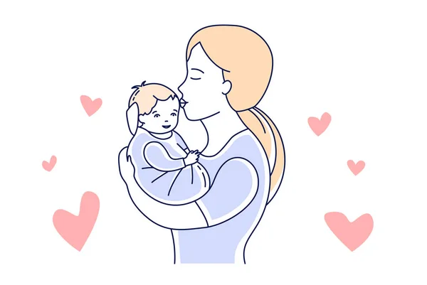 Mãe e bebé. Amor pela maternidade. Mãe beijando uma criança mão desenhada estilo vetor ilustração —  Vetores de Stock