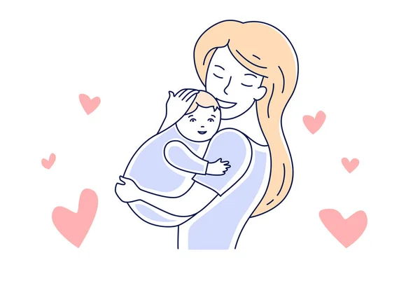 Mère amour et bébé. La maternité. Maman étreignant un enfant dessin à la main illustration vectorielle de style — Image vectorielle
