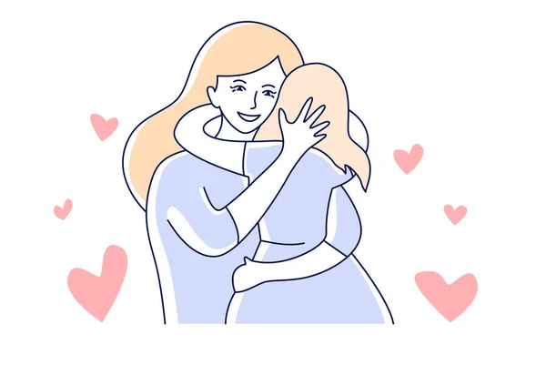 Moeder en dochter. Moederschap liefde. Mam knuffelen een kind hand getekende stijl vector illustratie Vectorbeelden