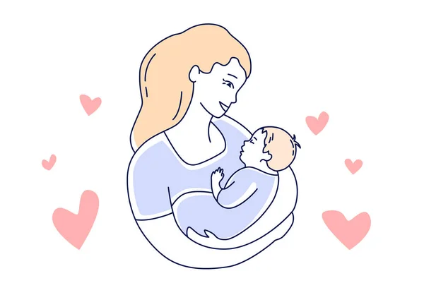 Moederschap. Moederliefde en kind. Mam kijken naar de baby hand getekende stijl vector illustratie Vectorbeelden