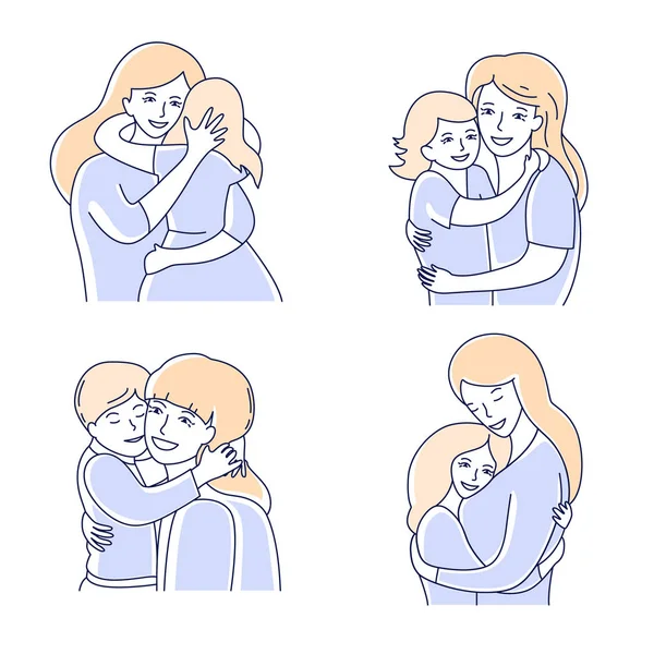 Moeder en dochter en zoon set. Moederschap liefde. Mam knuffelen een kind de hand getekend stijl vector illustratie Rechtenvrije Stockillustraties