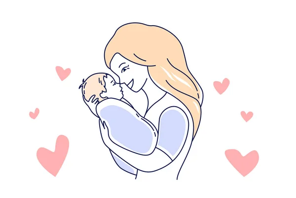 Motherhood. Mother love and child. Mom looking at the baby hand drawn style vector illustration Stock Vector