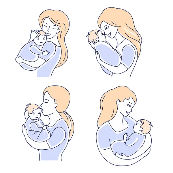 Mother love and child . Motherhood illustration set. Mom looking at the baby hand drawn style vector — Stock Vector