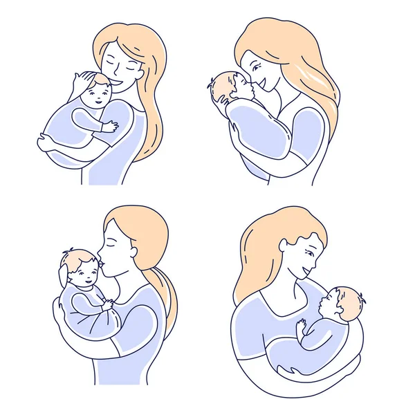 Moederliefde en kind. Moederschap illustratie set. Mam kijken naar de baby hand getekende stijl vector Rechtenvrije Stockillustraties