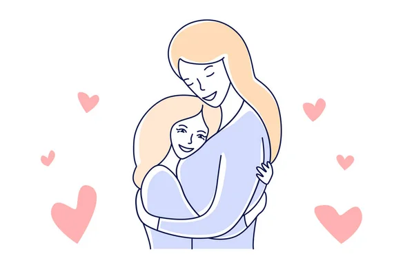 Мати і дочка. Материнство любов. Мама обіймала дитину руку звернено стиль векторної ілюстрації — стоковий вектор
