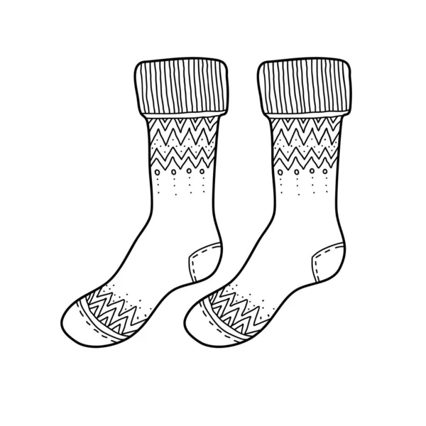Zwarte gegraveerde sokken tekening. Winter warm kerst kledingstuk voor de voet inkt hand getekende stijl vector illustratie — Stockvector