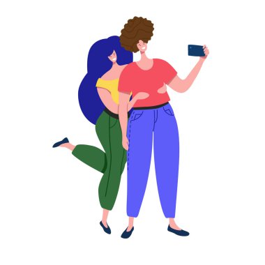 Erkek ve kadın gülümseyip sosyal medyada elinde kamera tutarak selfie fotoğrafı çekiyor. Akıllı telefonlu bir çift. Gadget parti vektör illüstrasyon