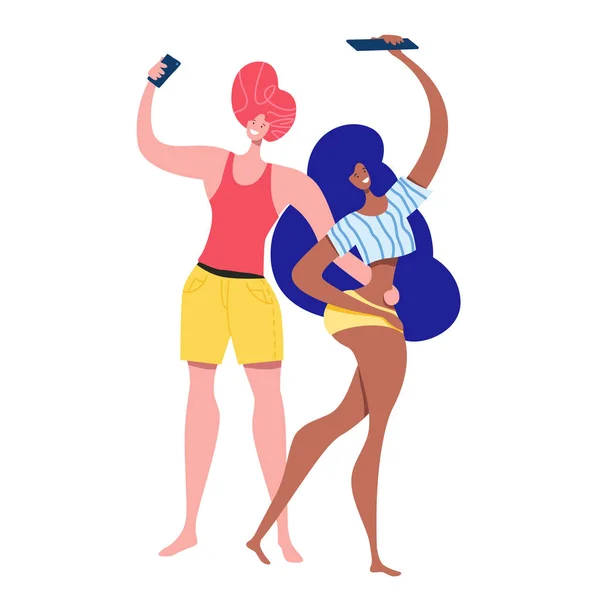 Man and woman smiling and taking selfie photo  for social media holding camera in hand. Couple with smartphone. Beach party vector illustration Stock Illustration
