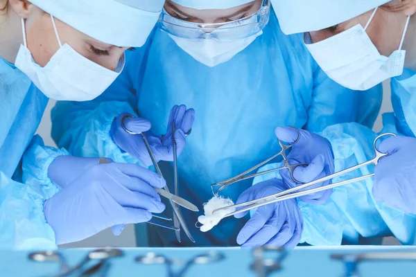 Close-up da equipe médica realizando a operação. O grupo de cirurgiões no trabalho está ocupado com o paciente. Medicina, veterinária ou cuidados de saúde e emergência no hospital — Fotografia de Stock