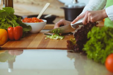 Mutfakta pişen bilinmeyen insan elleri. Yeşil soğan dilimleyen bir kadın. Sağlıklı yemek ve vejetaryen gıda konsepti.