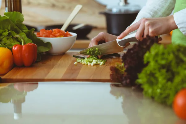 Manos humanas desconocidas cocinando en la cocina. Mujer cortando cebolla verde. Comida saludable y concepto de comida vegetariana —  Fotos de Stock