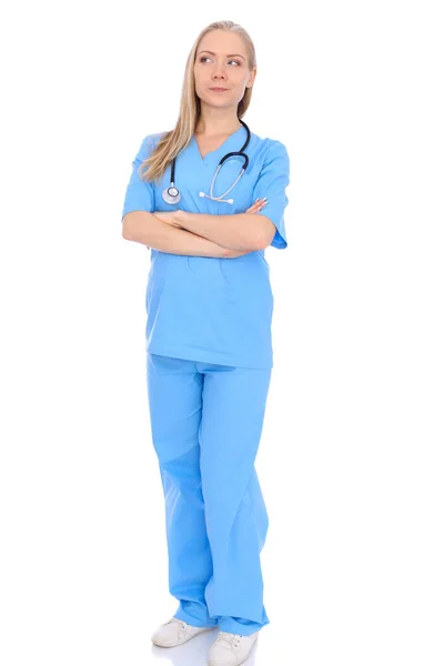 Läkare kvinna eller sjuksköterska isolerad över vit bakgrund. Glada leende medicinsk personal representant. Medicinskt koncept — Stockfoto