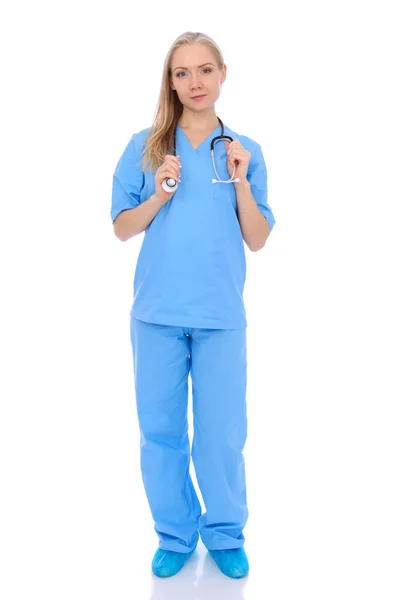 Läkare kvinna eller sjuksköterska isolerad över vit bakgrund. Glada leende medicinsk personal representant. Medicinskt koncept — Stockfoto
