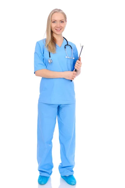 Médico mulher ou enfermeira isolado sobre fundo branco. Representante sorrindo alegre da equipe médica. Conceito de medicina — Fotografia de Stock