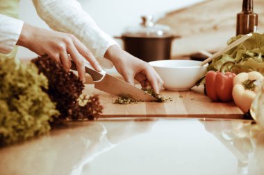 Mutfakta pişen bilinmeyen insan elleri. Kadın sebze salatasıyla meşgul. Sağlıklı yemek ve vejetaryen gıda konsepti.