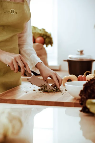 Neznámé lidské ruce vaří v kuchyni. Žena je zaneprázdněná zeleninovým salátem. Zdravé jídlo a koncepce vegetariánských potravin — Stock fotografie