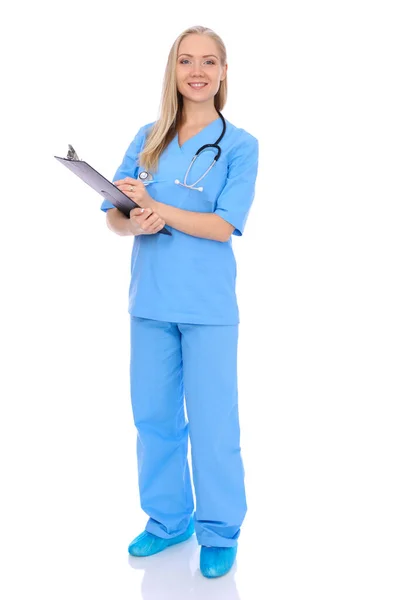 Médico mulher ou enfermeira isolado sobre fundo branco. Representante sorrindo alegre da equipe médica. Conceito de medicina — Fotografia de Stock