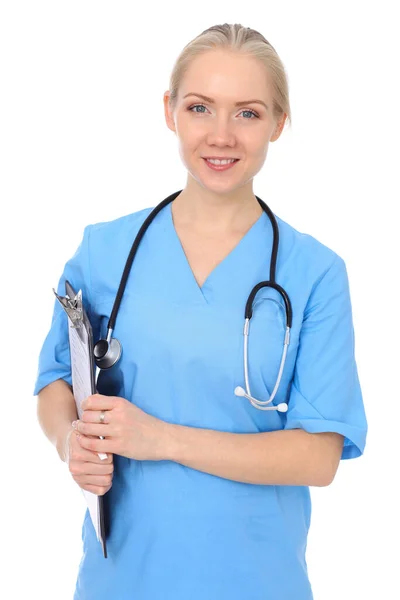 Médico mulher ou enfermeira isolado sobre fundo branco. Representante sorrindo alegre da equipe médica. Conceito de medicina — Fotografia de Stock